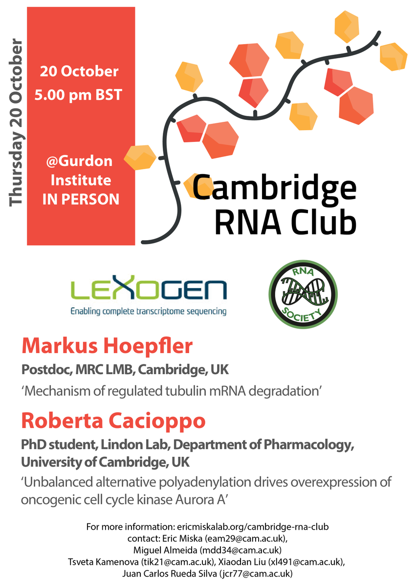 CambridgeRNA's tweet photo. Welcome back to Cambridge RNA Club in this new academic year! The first event will be in-person in @GurdonInstitute on 20th October at 5pm! 🥳🥳🥳 For the people not in UK or Cambridge, do not worry, we will be hosting online events in December and next year! https://t.co/LUj06YVegp
