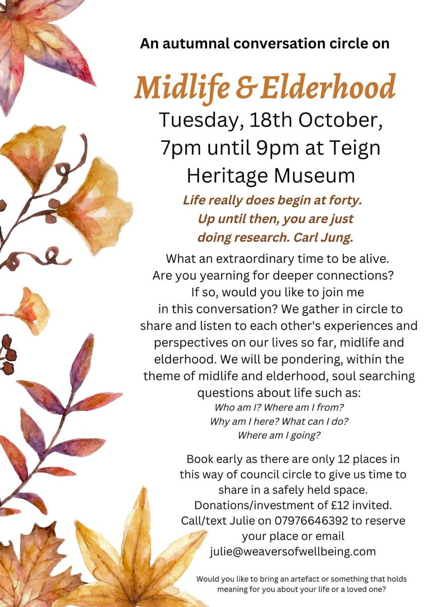 An autumnal conversation circle on Midlife &amp; Elderhood Tuesday, 18th October, 7pm until 9pm at Teign Heritage Museum
#historyofart #musuem #museumart #europeanart #museumvisit #museums #arthistory #artmuseum #museumlover #museumlife #HereforCulture #Teignmouth #Teignheritage