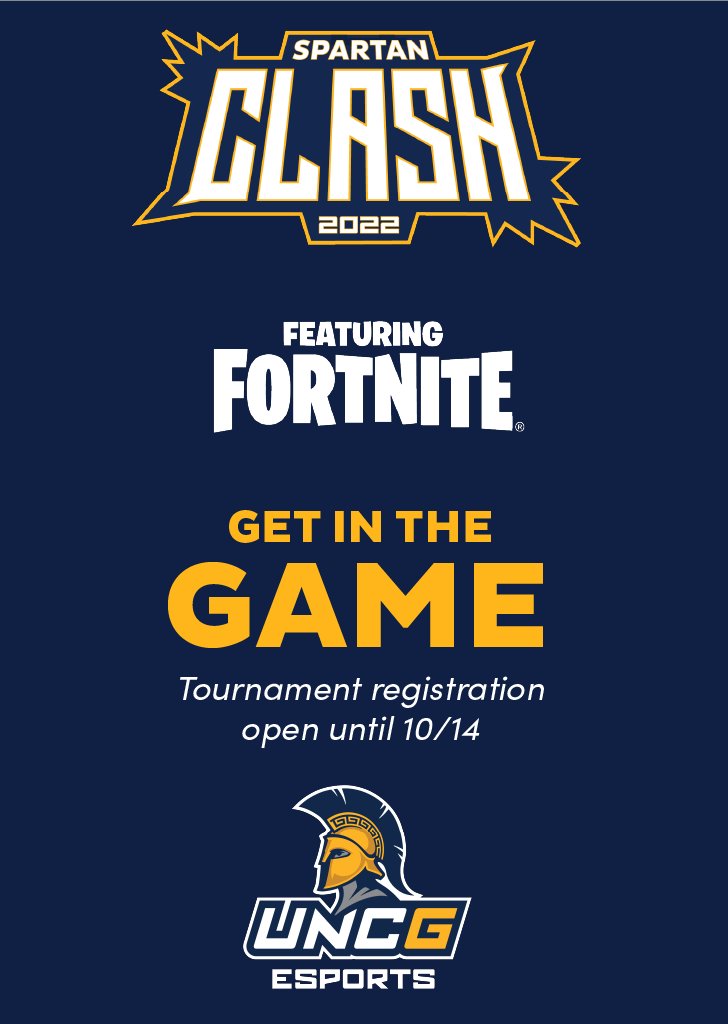 Know a young gamer? Students at UNCG and other NC colleges and high schools have until Friday to sign up for our first #SpartanClash tournament, featuring Fortnite. 

The tournament includes cash prizes and is part of E2Weekend (Esports + Education): esports.uncg.edu/uncg-e2-weeken…