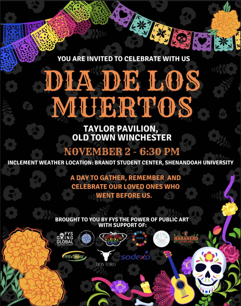 SU_ArtsSciences's tweet photo. Just three more weeks until our Día de los Muertos celebration 💀🌺🪦 Join Prof. Gomez of @ArteLibreVA, emcee Elias Aguirre, &amp; FYS students at the Taylor Pavilion on Wed., Nov. 2, 6:30pm, for music, dancing, altars, &amp; more. (Rain site: Ferrari Room) @SU_ArtsSciences @ShenandoahU https://t.co/ImSbwGL7w7