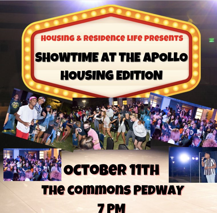 Join us TONIGHT at 7 PM on The Commons Pedway for SHOWTIME AT THE APOLLO: Housing Edition! 🎤

Get ready to sing, clap, laugh and dance! You do not want to miss this EPIC event.
