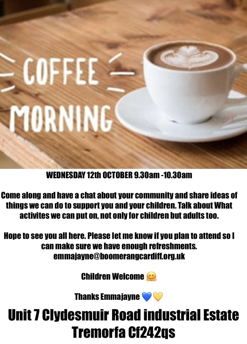 Coffee Morning at Boomerang indoor Training Facility in TREMORFA. Come and chat about your community and see what we do!! Come and let us know what you would like us to help with too 💙💛