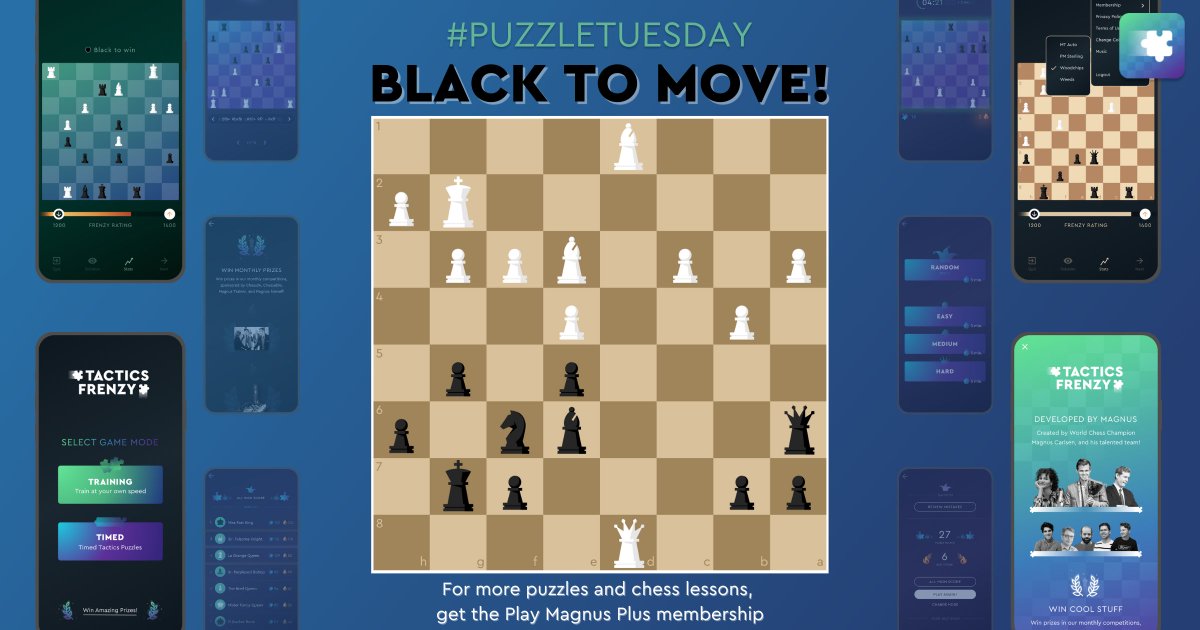 PlayMagnus's tweet photo. How can you solve this puzzle? Black to move! 🤠 #PuzzleTuesday

🔗 Click here for the solution: https://t.co/7Xez6KKSl9

📲 🖥 For more mind-expanding puzzles, become a Play Magnus Plus member at https://t.co/YRADg0xrzC 

#Chess #Puzzle #TacticsFrenzy https://t.co/LXS4vqIVeA