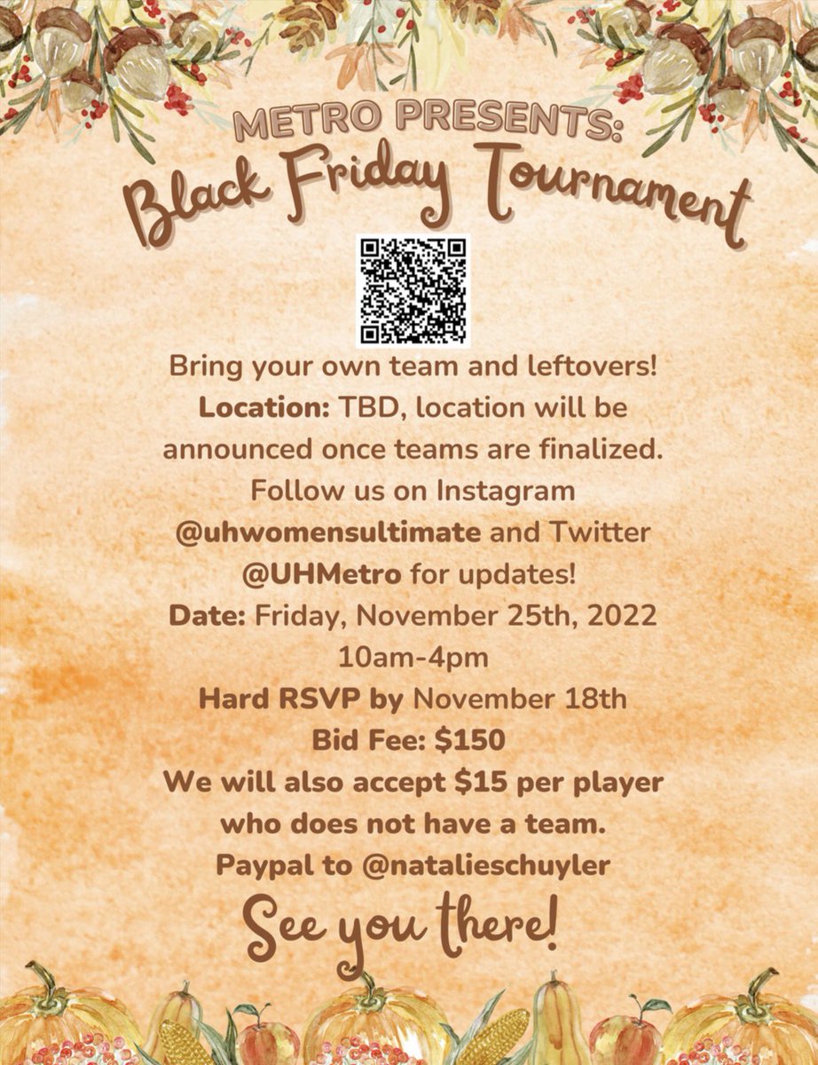 Join us for our Black Friday Tourney! Scan the QR code to access the Google form &amp; sign up. Shoot us a DM if you have any questions. Hope to see y’all there! 🍁🍂🥏