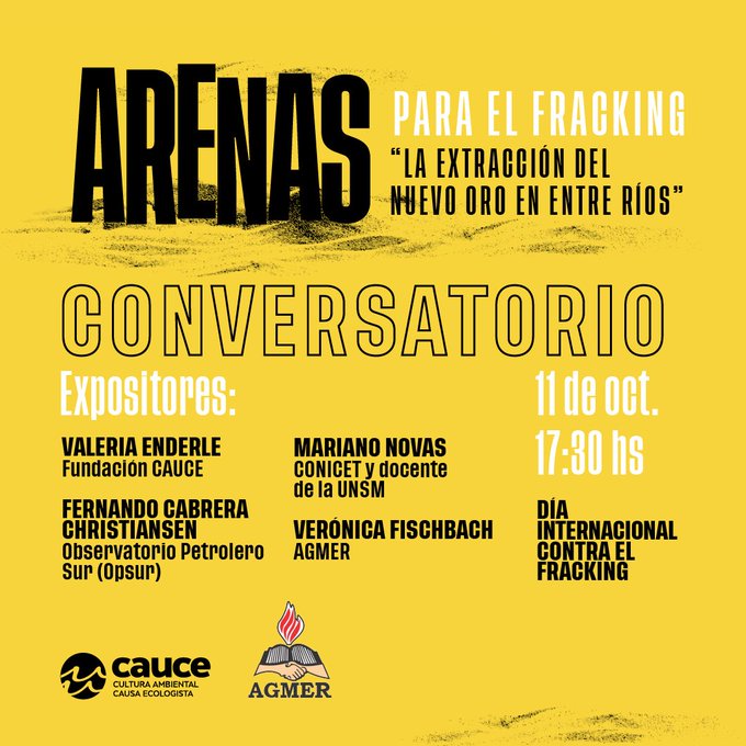 op_sur's tweet image. 11 de octubre | Día Mundial contra el Fracking

Conversatorio virtual para abordar los impactos socioambientales del fracking en #VacaMuerta y la actividad extractiva de arenas silíceas en #EntreRíos

🕠17.30 
💻 Vivo: tinyurl.com/2stwccnc
➡️Más info: cauceecologico.org/?p=3921