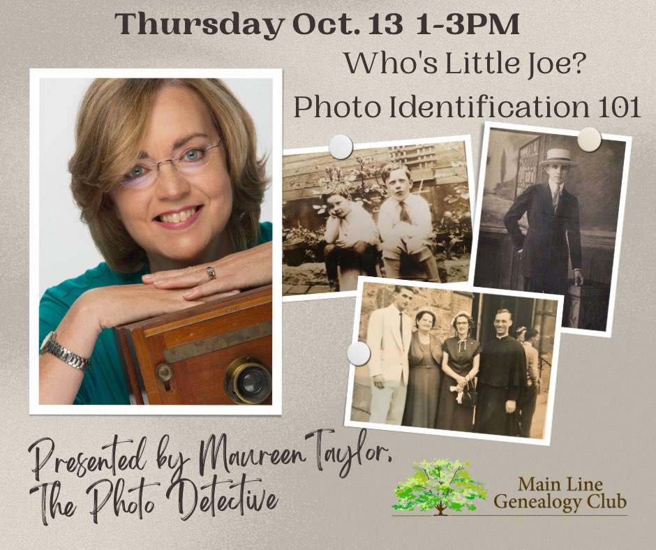 Who’s Little Joe? Photo identification 101!
You’ll love this interactive lecture on discovering who’s who in your family pictures. Learn 10 easy steps for naming those in unidentified pictures! 
<a href="/PhotoDetective/">Maureen Taylor</a> 

#familyhistory
#genealogy
#ancestry

mainlinegenealogy.org/contact-us.