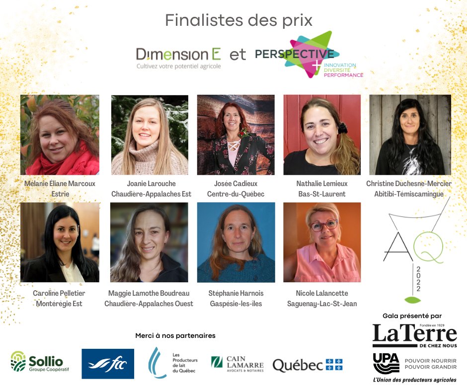 C’est avec enthousiasme que nous vous dévoilons les finalistes du prix Clin d’œil sur la relève et les finalistes des prix Perspectives + et Dimension E du Gala Agricultrices du Québec 2022.

<a href="/SollioCoop/">Sollio Groupe Coopératif</a> <a href="/ProdLaitQc/">ProdLaitQc</a> @laterreca <a href="/mapaquebec/">MAPAQ</a> <a href="/upaqc/">UPA</a>