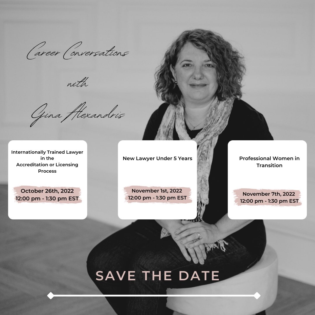 Join me for one of my upcoming free virtual Career Conversations. 

🗓Oct 26 (ITLs)
🗓Nov 1 (lawyers < 5 years) 
🗓Nov 7 (professional women in career transition)

Register at: forms.gle/m7iNfaVGuUR4Vq…