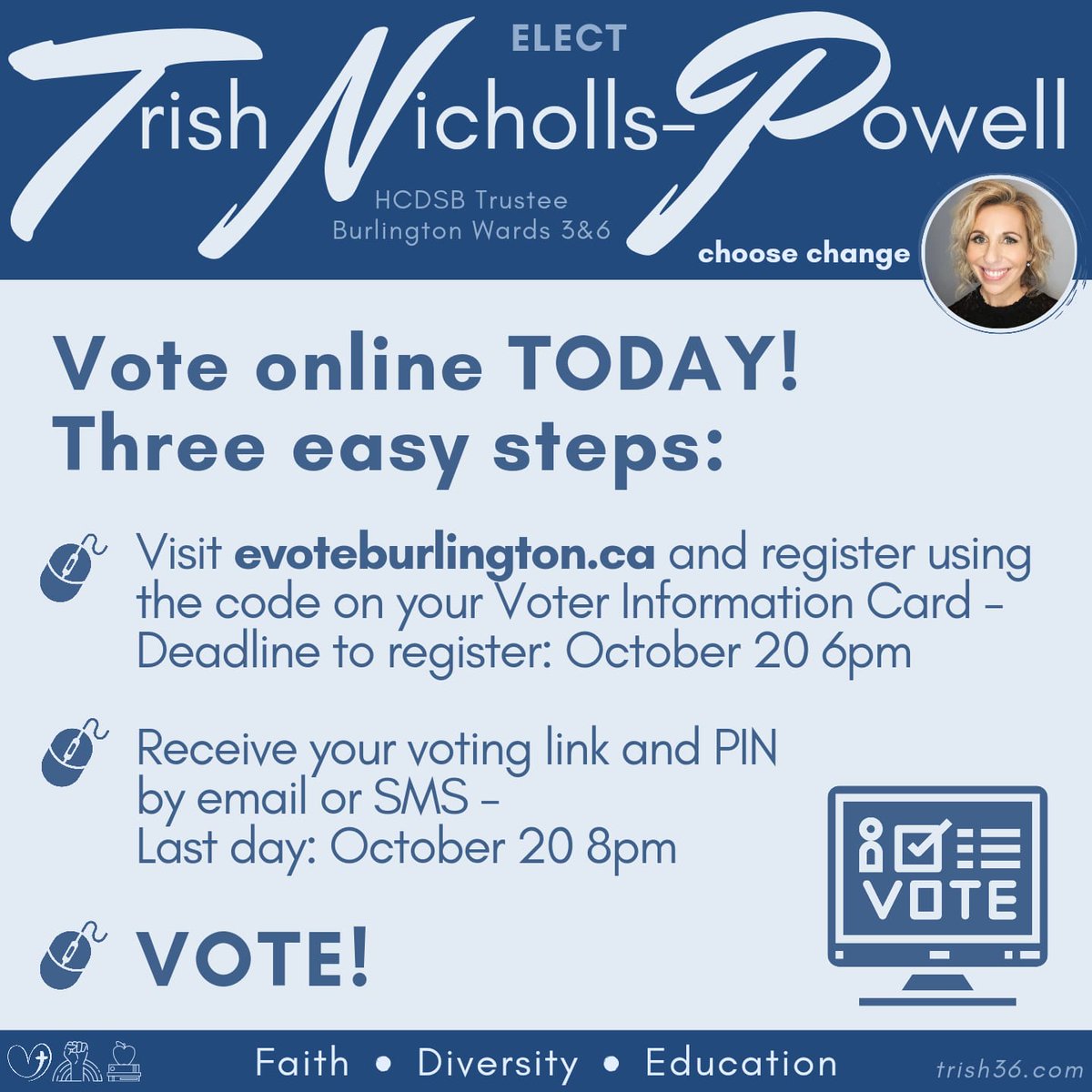 TrishNP36's tweet image. It's official!  Online voter registration is open for #BurlON electors. Grab the registration code from your Voter Information Letter and head to evoteburlington.ca
