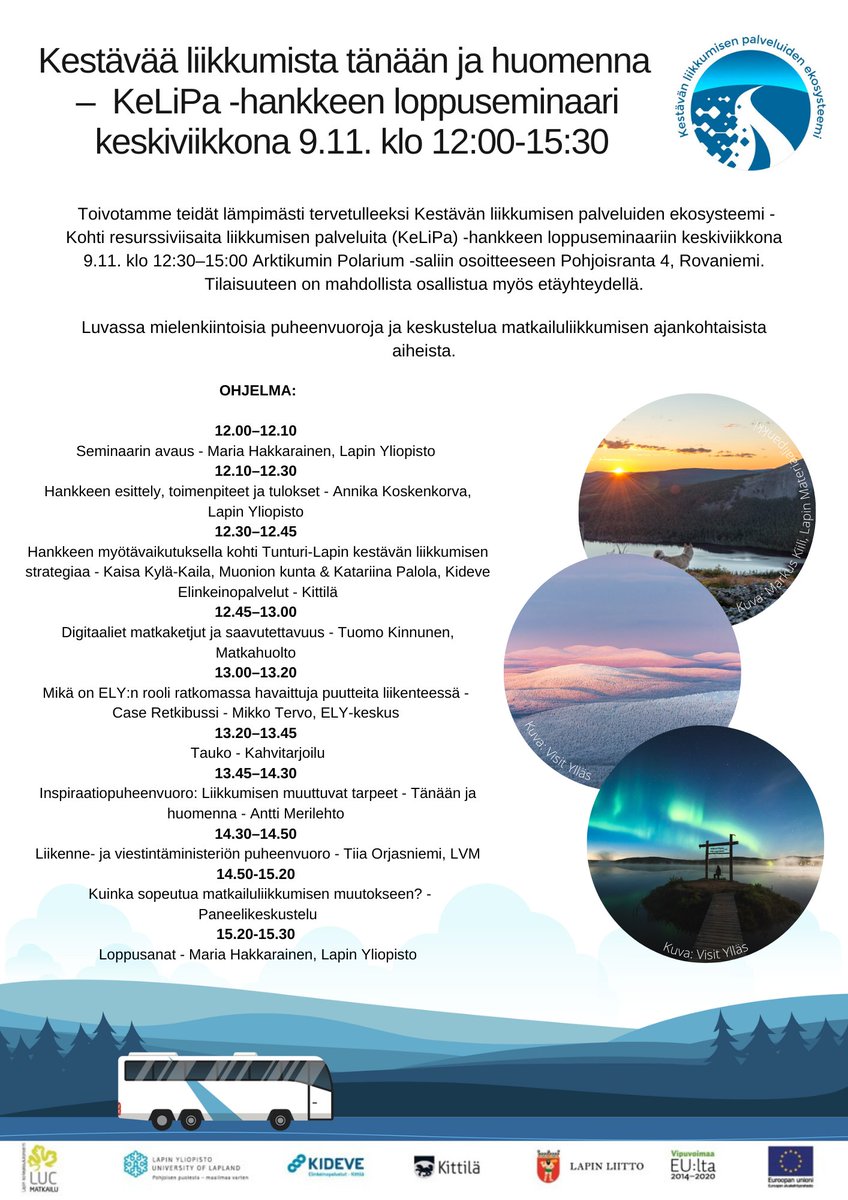 Ilmoittautuminen avoinna NYT! Hankkeemme loppuseminaarin ilmoittautuminen on avattu ja aikataulu sekä ohjelma ovat nähtävissä. Tule mukaan kuulemaan mielenkiintoisia puheenvuoroja matkailuliikkumisesta.
Nähdään marraskuussa! Ilmoittautumaan pääset tästä:
lyyti.fi/reg/kelipa_han…