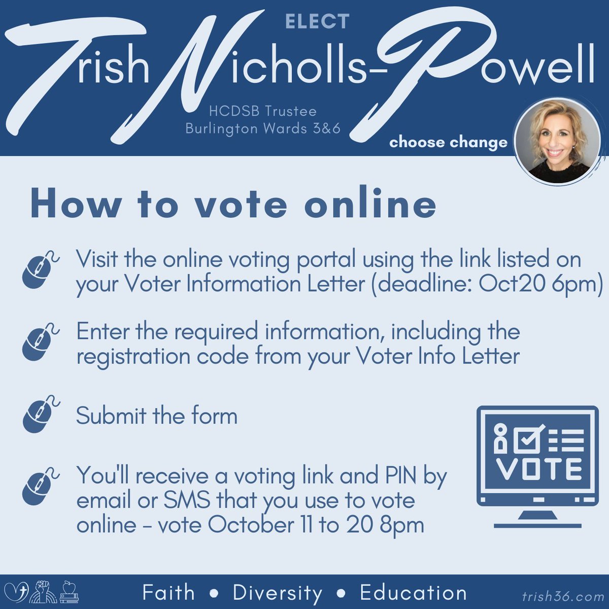 TrishNP36's tweet image. It's official!  Online voter registration is open for #BurlON electors. Grab the registration code from your Voter Information Letter and head to evoteburlington.ca