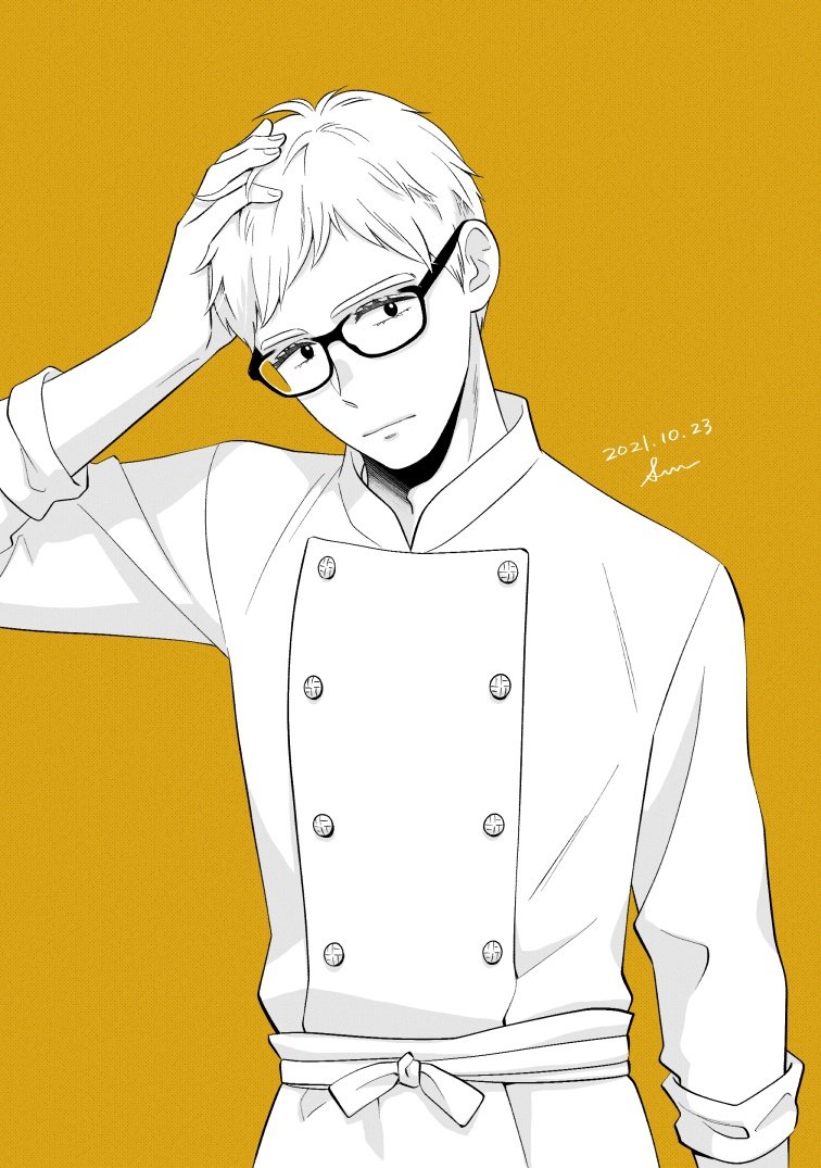 1boy male focus glasses solo chef hand on own head buttons  illustration images