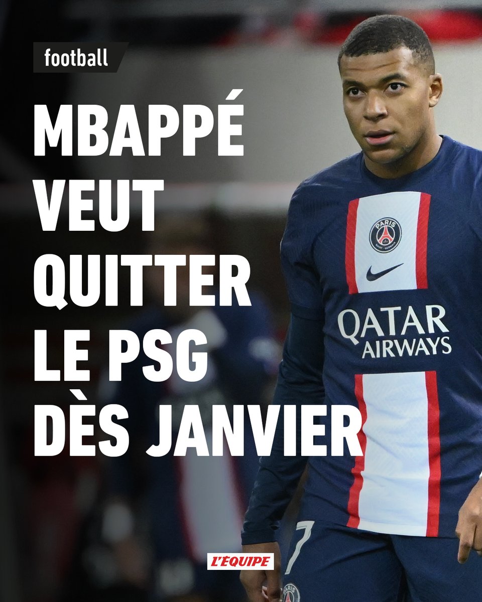 Comme l'a révélé « Marca », Kylian Mbappé souhaite quitter le PSG dès janvier. Ces derniers jours, il avait affiché son mécontentement au sujet de son rôle sur le terrain. ow.ly/QXmY50L71RU