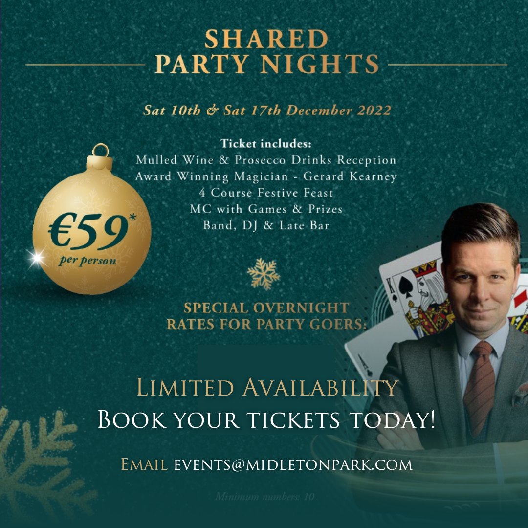 Tickets for our Christmas Party Nights 🥂 are selling out fast ⚡️ Book today to avoid disappointment 🥳 Email events@midletonpark.com 📧 #ChristmasPartyCork