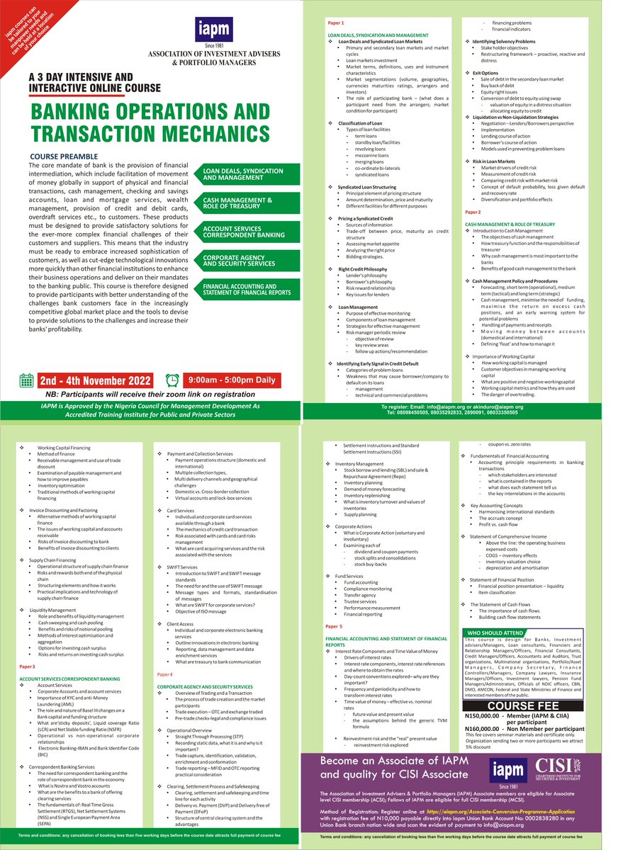 iapm_NG's tweet photo. We bring to your notice our last two courses in the series for the year 2022 on “Professional Trust Assets Management Mechanics” and “BANKING OPERATIONS AND TRANSACTION MECHANICS” which will be held online on 26th to 28th October, 2022  and  2nd to 4th November, 2022 respectively https://t.co/0AfcodfgVv