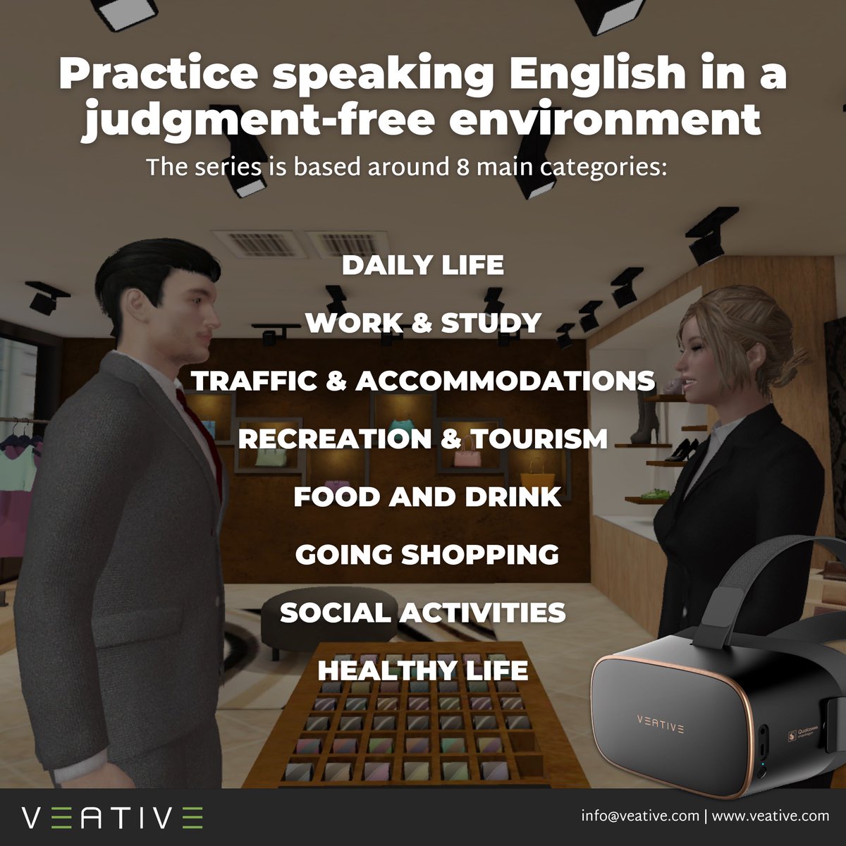 Of the 4 skills, Reading, Writing and Listening can be studied alone. Speaking cannot… until now. VR allows for a multitude of scenarios, bringing learners into situations which instructors struggle to provide.