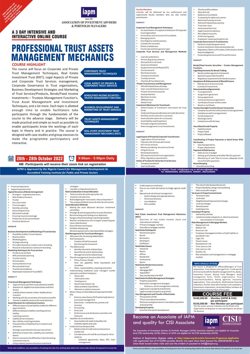 iapm_NG's tweet photo. We bring to your notice our last two courses in the series for the year 2022 on “Professional Trust Assets Management Mechanics” and “BANKING OPERATIONS AND TRANSACTION MECHANICS” which will be held online on 26th to 28th October, 2022  and  2nd to 4th November, 2022 respectively https://t.co/0AfcodfgVv
