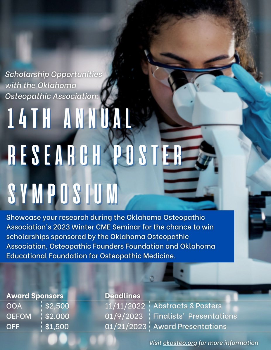The Oklahoma Osteopathic Association is hosting our 14th Annual OGME Research Poster Symposium. Medical students and residents are invited to submit their medical research to win up to $2,500! Visit okosteo.org/research-poste… or email mykayla@okosteo.org for more information.