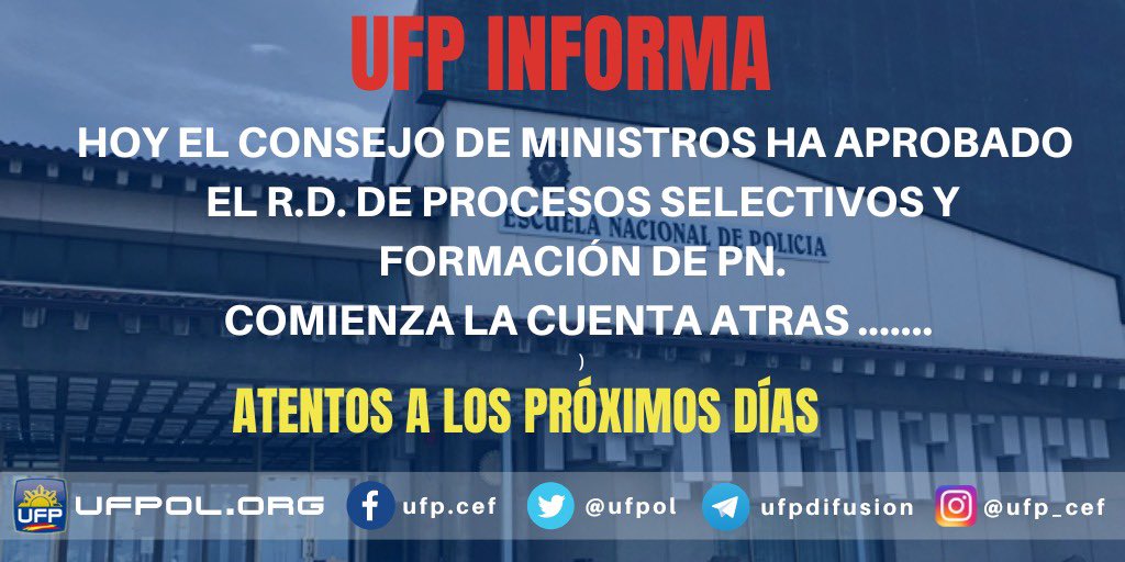 ufpol's tweet photo. ‼️Atención opositores‼️ 
Aprobado por Consejo de Ministros el RD de procesos selectivos y formación de PN 👮🏻‍♀️👮🏻‍♂️.
Consúltalo aquí 👇
https://t.co/1VEZo45E84

Comienza la cuenta atrás…..
#ufp #ufpcrece https://t.co/ovGqw7Mi80