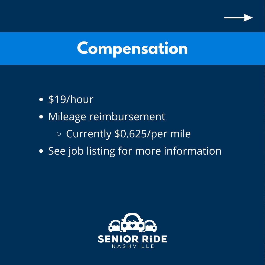 SeniorRideNash's tweet photo. Senior Ride Nashville is seeking paid part-time drivers to provide friendly transportation to older adults in Davidson County. This is a part-time, contract position. The driver will receive hourly pay and mileage reimbursement. https://t.co/ws0zLUwbpc https://t.co/nYAip8Bh99