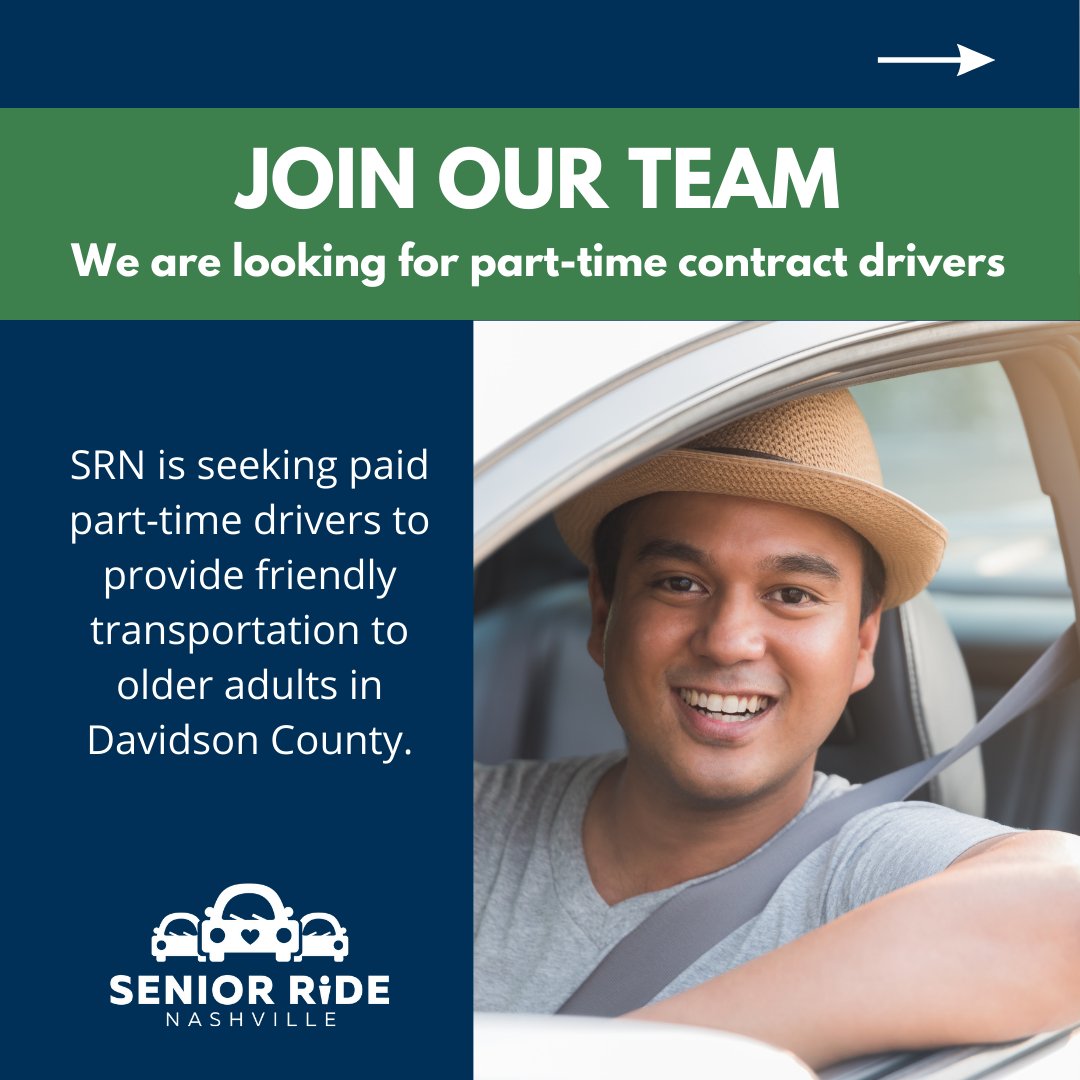 SeniorRideNash's tweet photo. Senior Ride Nashville is seeking paid part-time drivers to provide friendly transportation to older adults in Davidson County. This is a part-time, contract position. The driver will receive hourly pay and mileage reimbursement. https://t.co/ws0zLUwbpc https://t.co/nYAip8Bh99