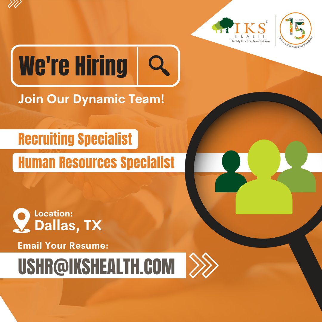 IKSHealth's tweet photo. #HiringAlert #JoinIKSHealth
We are looking for
Human Resources Specialist
Recruiting Specialist
For more information visit https://t.co/BzocKmsNak
contact: ushr@ikshealth.com
Job positions open for candidates residing in Dallas TX or open to relocation
#IKSHealth #USHiring https://t.co/i8QAqu0uob