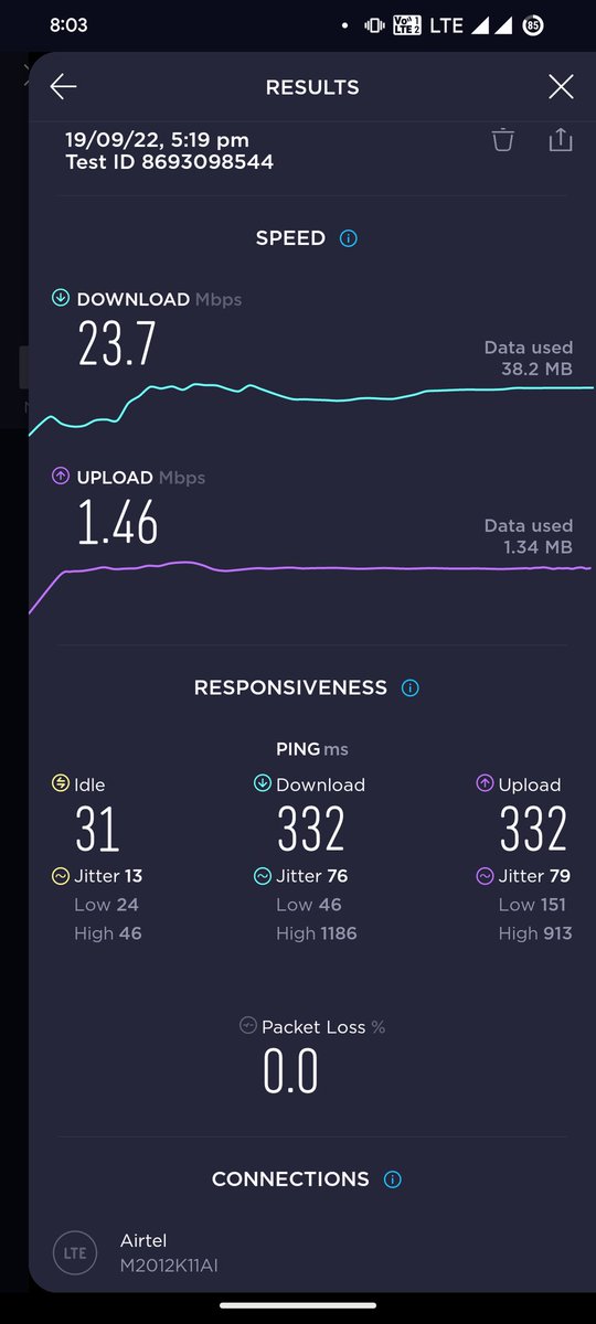 Rukkesh3's tweet photo. Old LTE+ speed test result. https://t.co/sch7rpY5Xc