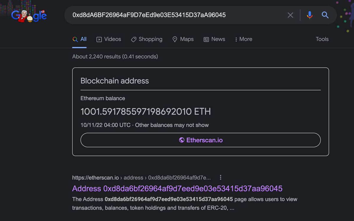 elethereum's tweet photo. BREAKING: Crypto addresses are now searchable on Google. https://t.co/ODL71RcAkX
