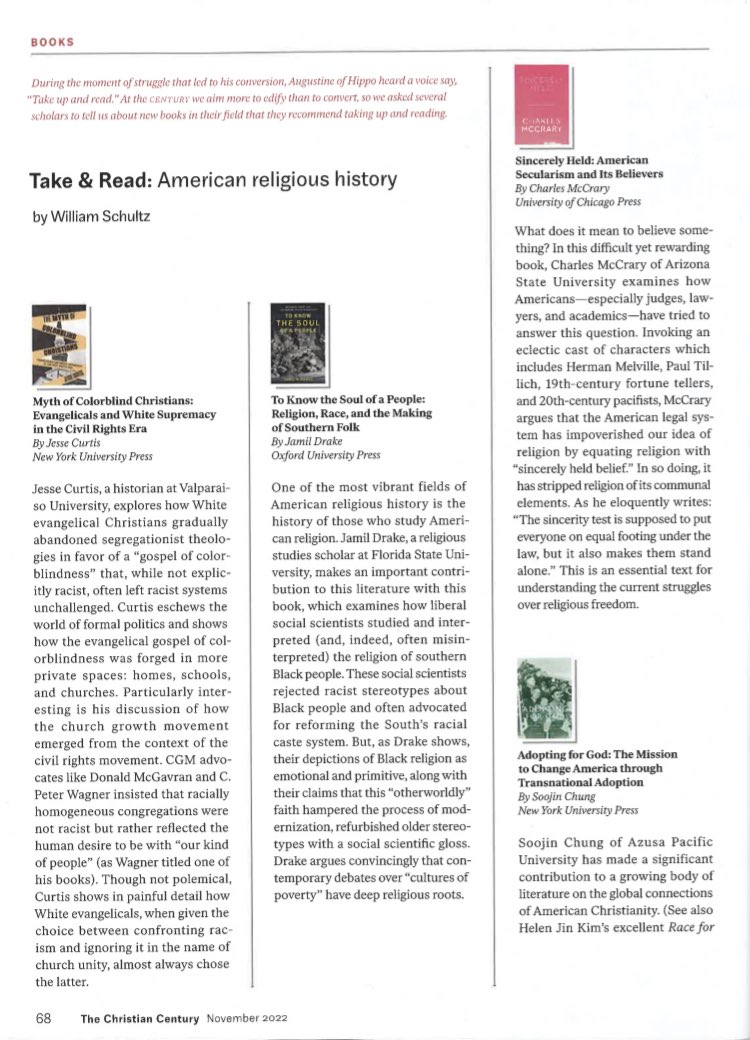 CharlesMcCrary's tweet image. Grateful to William Schultz in @ChristianCent for this nice book note on *Sincerely Held*. It’s especially nice to be right next to @DrakeJamil!