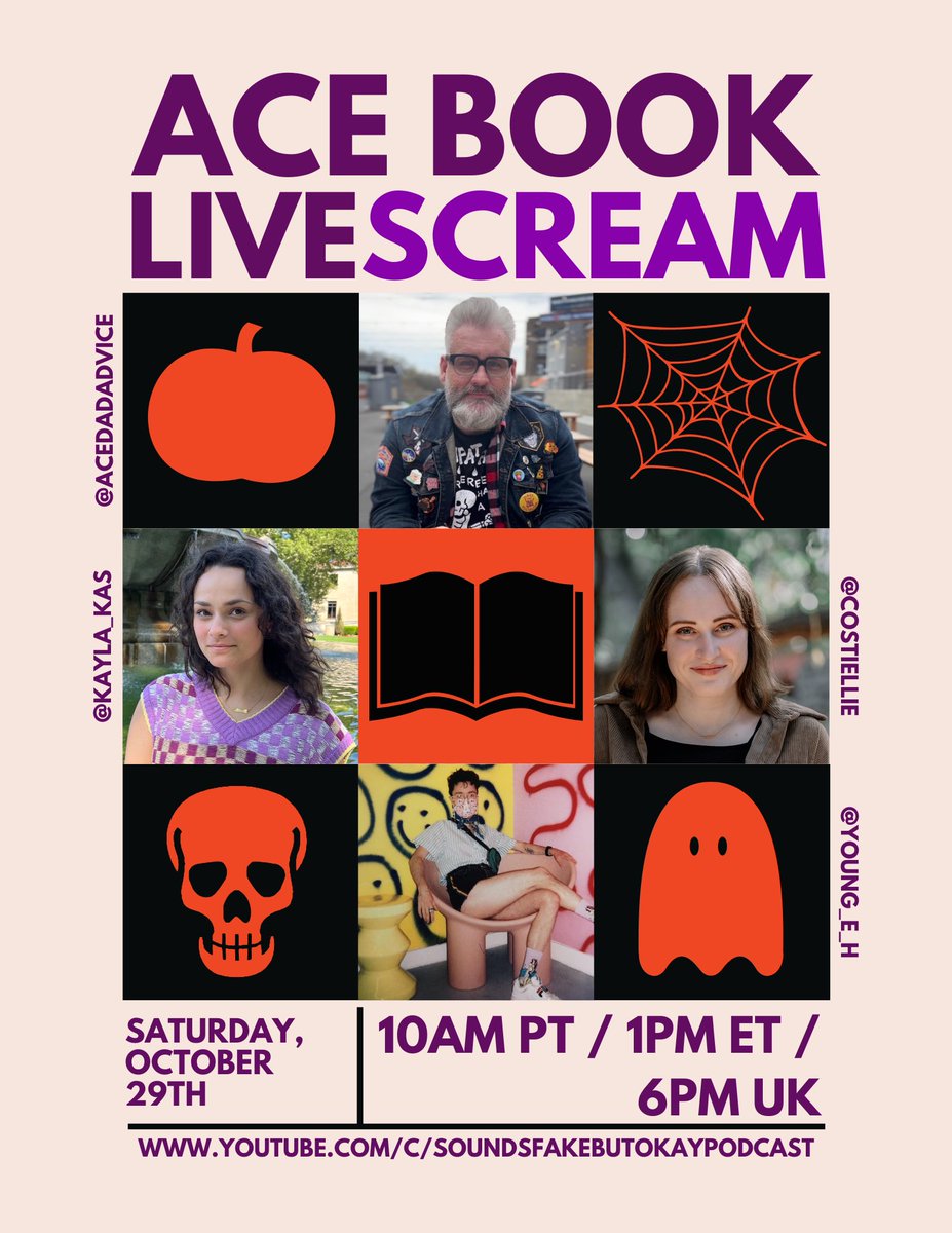 💜Coming to you live this Ace Week👻

We’re hanging out with @acedadadvice and @Young_E_H for a spooookky liveSCREAM all about our upcoming ace books!

Saturday, October 29th at 10am PT/1pm ET/6pm UK at youtube.com/c/soundsfakebu…