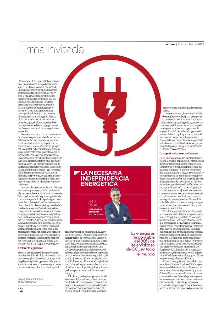 ‘Cuando hablamos de cambio climático, es importante que se ponga el foco en la energía, responsable del 80% de las emisiones de CO2 en todo el mundo'. Artículo ‘La necesaria independencia energética’ de Josu Ugarte, Presidente Zona Ibérica #SchneiderElectric, en el <a href="/elperiodico/">El Periódico</a>👇🏼