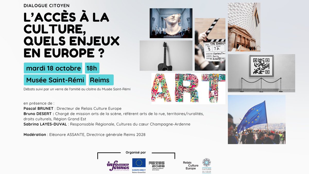 EDReims's tweet photo. 🇪🇺 @Reims2028 et @EDReims vous invitent à suivre le dialogue citoyen : « L’accès à la culture, quels enjeux en Europe ? »
📅Mardi 18/10/2022 à 18h00
📍Musée Saint-Rémi
Inscription gratuite via https://t.co/53wviDhCQA
#Europe #Reims2028 #Ecocs #Culture https://t.co/BMZCLjNfSQ