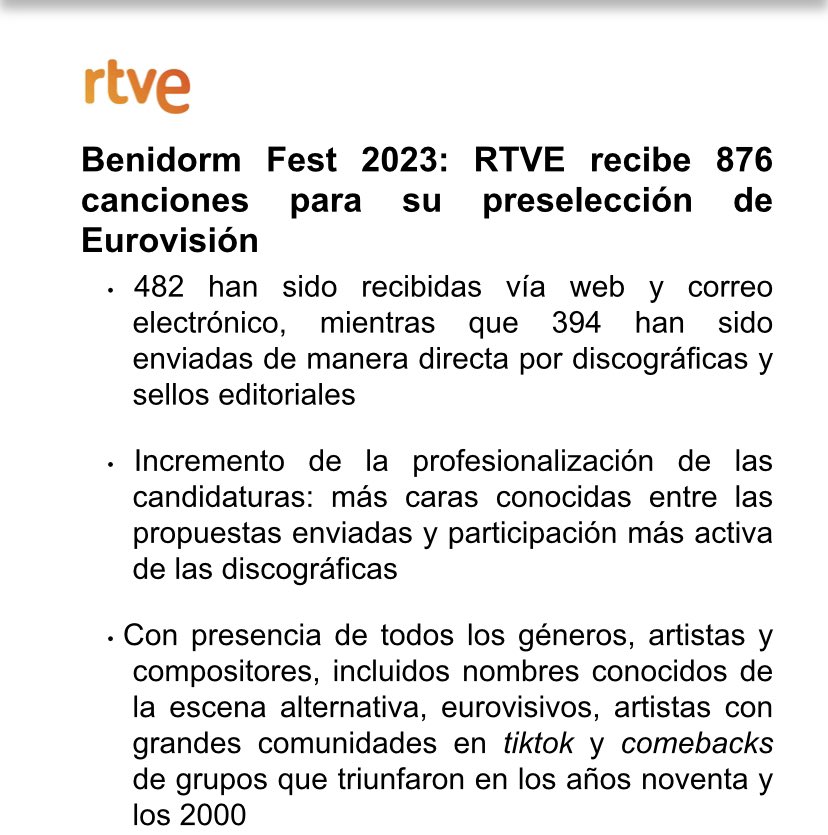 luismesacabello's tweet photo. 🔴 ÚLTIMA HORA: RTVE recibe 876 canciones para #BenidormFest 2023, diez menos que el año pasado. 

➡️ Más discográficas. 
➡️ 150 solo ayer. 
➡️ Más profesionalización. 
➡️ Un artista de 76 años. 

#Eurovision https://t.co/cURh9tJePZ