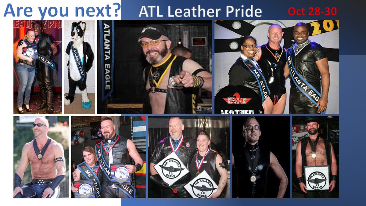 Are you ready to be the next ALP titleholder?  Applications are due this Friday October 14 so you have just a few days left.  Who's Next?
MX Atlanta Eagle
Ms Atlanta Eagle
Mr Atlanta Eagle
Mr Southeast Rubber

Full contest application at atlantaleatherpride.com <a href="/AtlantaEagle/">Atlanta Eagle</a>