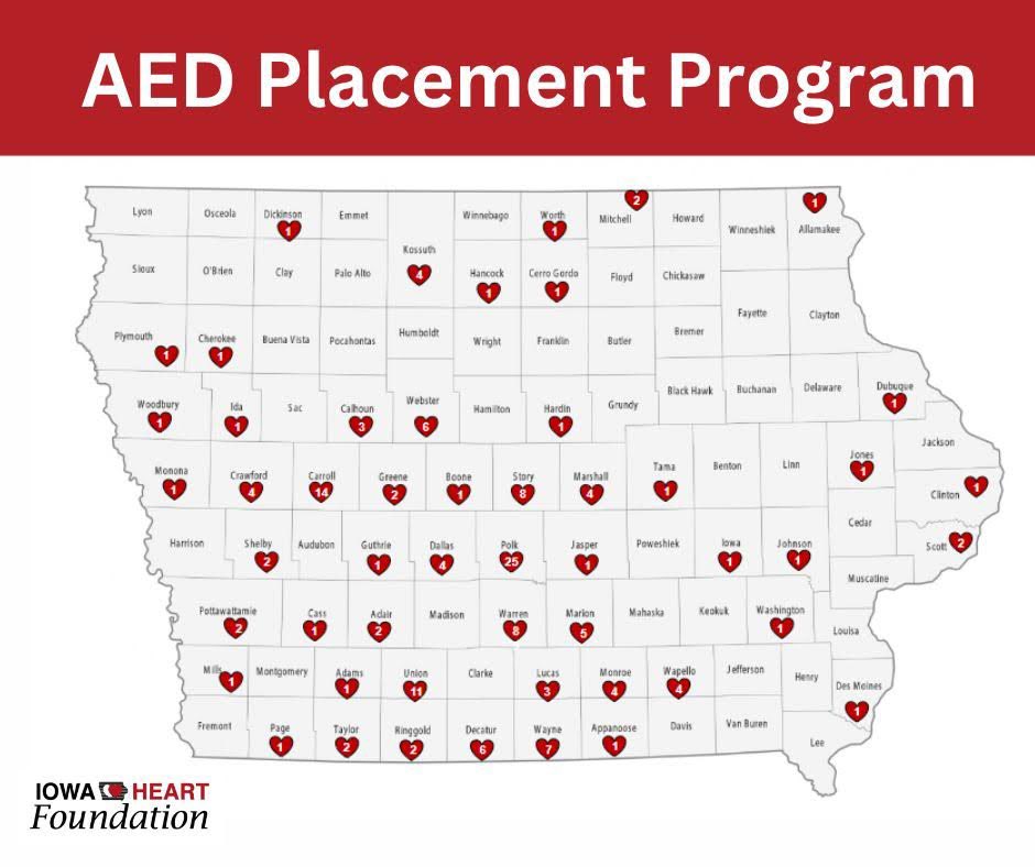 Since 2011 the Iowa Heart Foundation has placed 171 AEDs (automated external defibrillators) across the state of Iowa! Is your county on the map? 

Participate in our social media challenge by taking a picture of an AED and provide its location. #IowaAEDs.