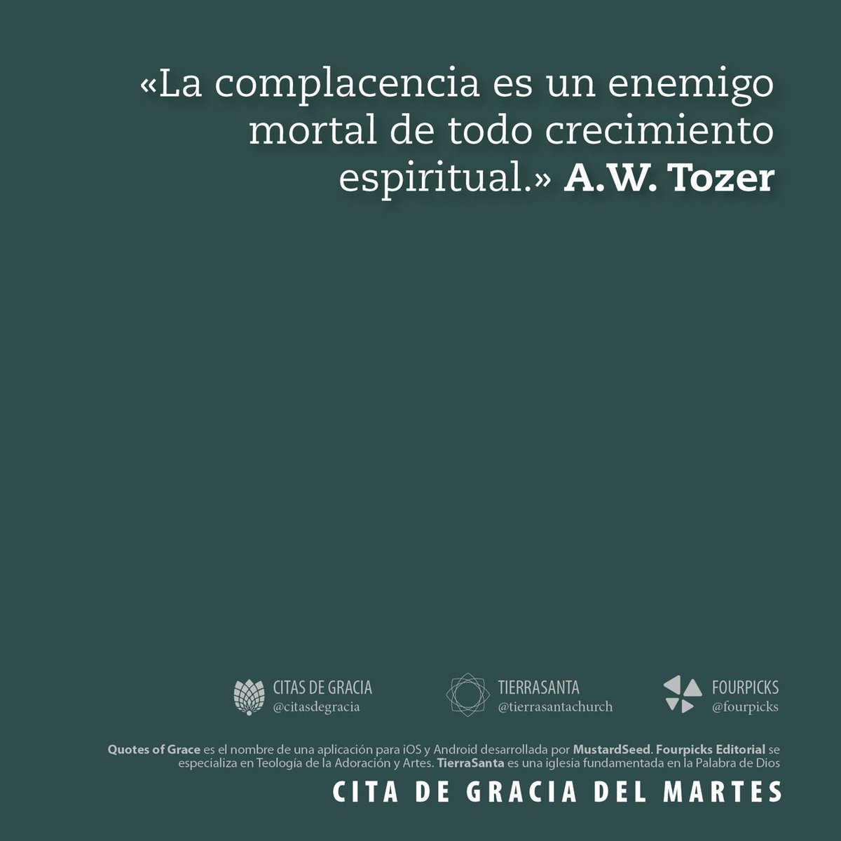 citas_gracia's tweet photo. «La complacencia es un enemigo mortal de todo crecimiento espiritual.» 

A.W. Tozer

#awtozer #complacencia #crecimiento https://t.co/jSz66XHxCG