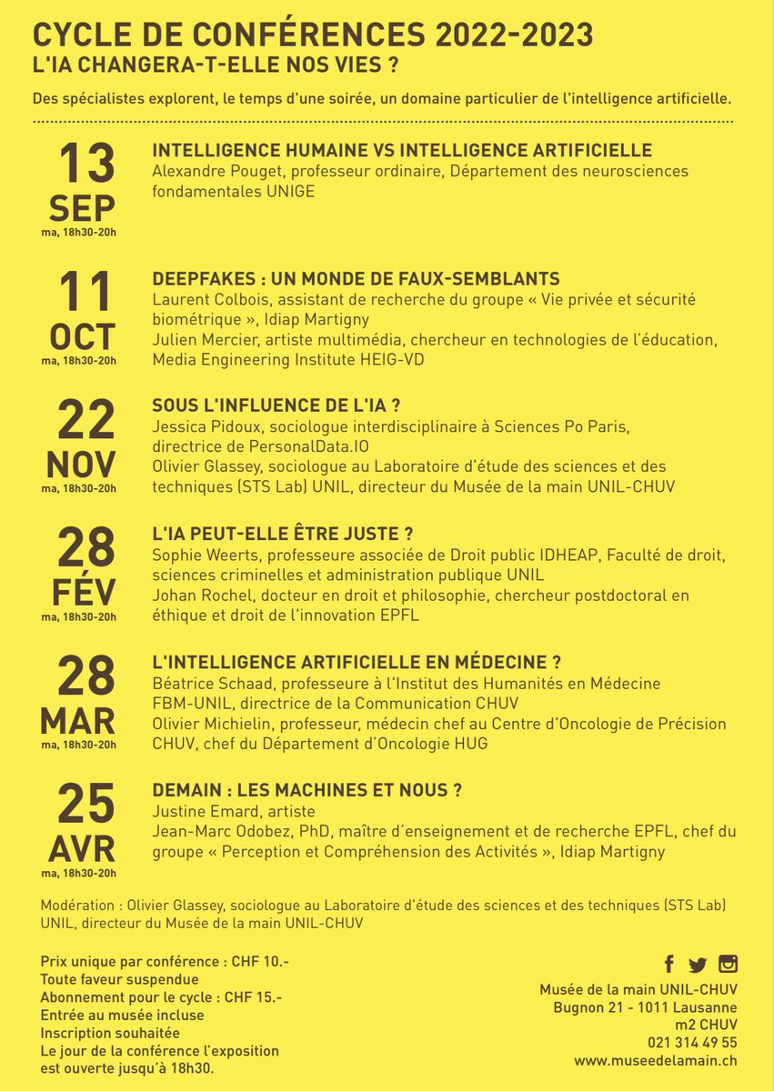 Conférence DEEPFAKES aujourd’hui, 11 octobre 2022, à 18h30. Inscription : museedelamain.ch/fr/158/Agenda