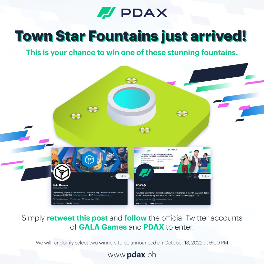 PDAX (@pdaxph) on Twitter photo Gala Games x PDAX is here!
This is your chance to win one of these stunning <a href="/TownStarGame/">justinwrites</a> Fountain NFTs! Simply retweet this post and follow the official Twitter accounts of <a href="/GoGalaGames/">Gala Games</a> and <a href="/pdaxph/">PDAX</a> to enter. Gala Games x PDAX is here!
This is your chance to win one of these stunning <a href="/TownStarGame/">justinwrites</a> Fountain NFTs! Simply retweet this post and follow the official Twitter accounts of <a href="/GoGalaGames/">Gala Games</a> and <a href="/pdaxph/">PDAX</a> to enter.