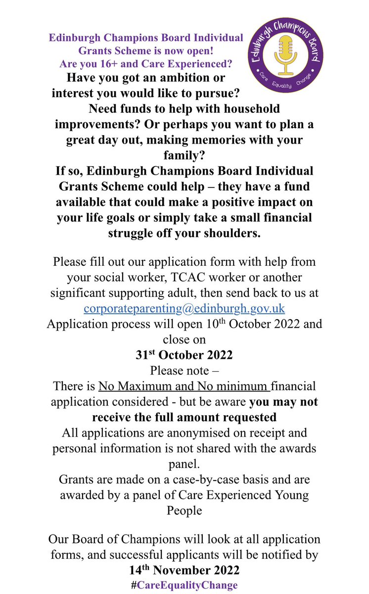 EdinburghChamps's tweet photo. Are you 16+ and Care experienced. Have you got ambition or an interest you would like to pursue if so our Individual Grants Scheme could help! Message us your email and we can send over the application form or contact Corporateparenting@edinburgh.gov.uk✨ https://t.co/kOXokPVBzI