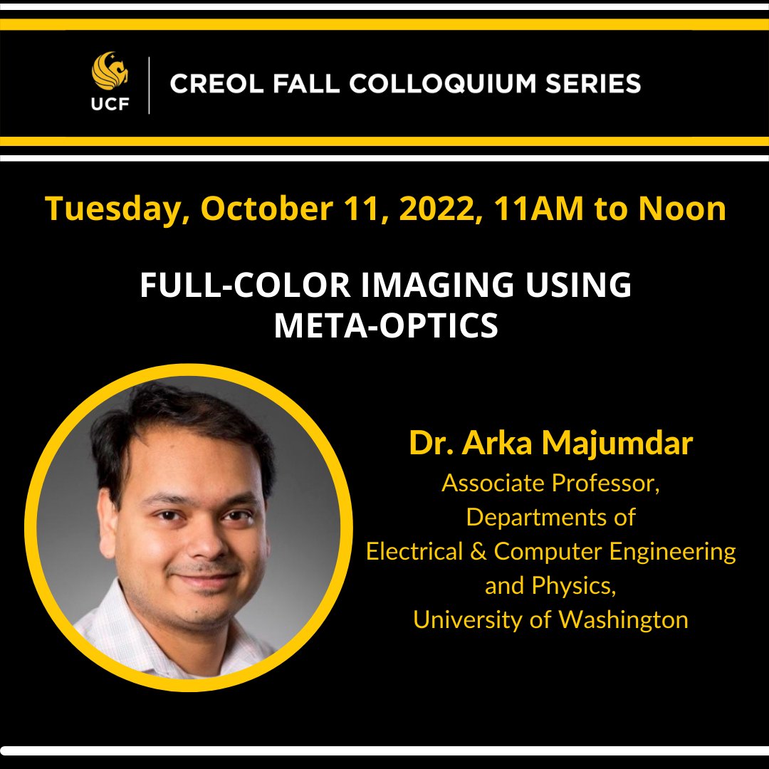 UCF CREOL (@creolatucf) on Twitter photo TODAY @ CREOL: Dr. Akra Majumdar Associate Professor, Univ. of Washington & co-founder & tech advisor of Tunoptix, a startup commercializing software defined meta-optics.
Offered IRL & virtually - visit CREOL.ucf.edu
#optics #photonics #photography #UCFCREOL #UCF TODAY @ CREOL: Dr. Akra Majumdar Associate Professor, Univ. of Washington & co-founder & tech advisor of Tunoptix, a startup commercializing software defined meta-optics.
Offered IRL & virtually - visit CREOL.ucf.edu
#optics #photonics #photography #UCFCREOL #UCF
