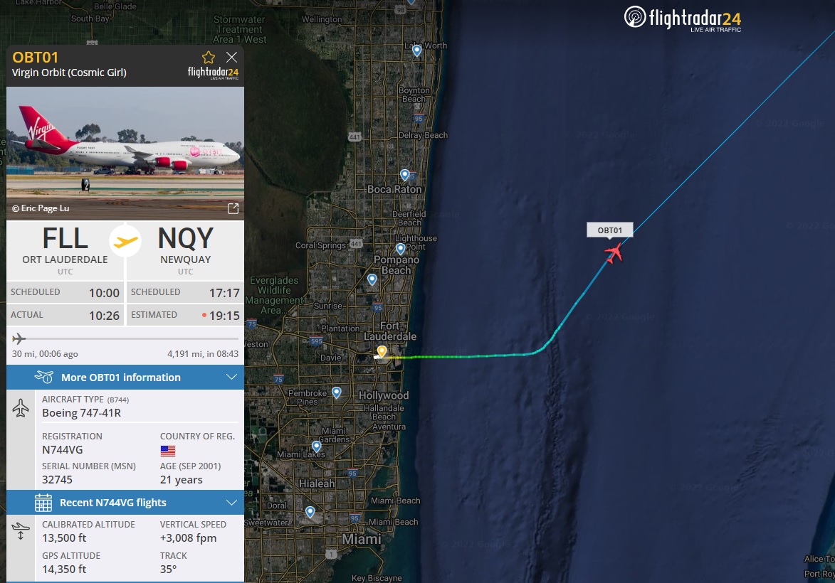AirportWebcams's tweet photo. LIVE: @VirginOrbit Boeing 747-400 N744VG just departed Fort Lauderdale en-route to Newquay, UK ahead of its maiden payload launch from Spaceport Cornwall. Track #OBT01: https://t.co/4TsG9V6JeC @flightradar24

FLL webcams: https://t.co/LBCs68Zam7

News: https://t.co/f2QFbkDBf2 https://t.co/8gC0QxCXdU
