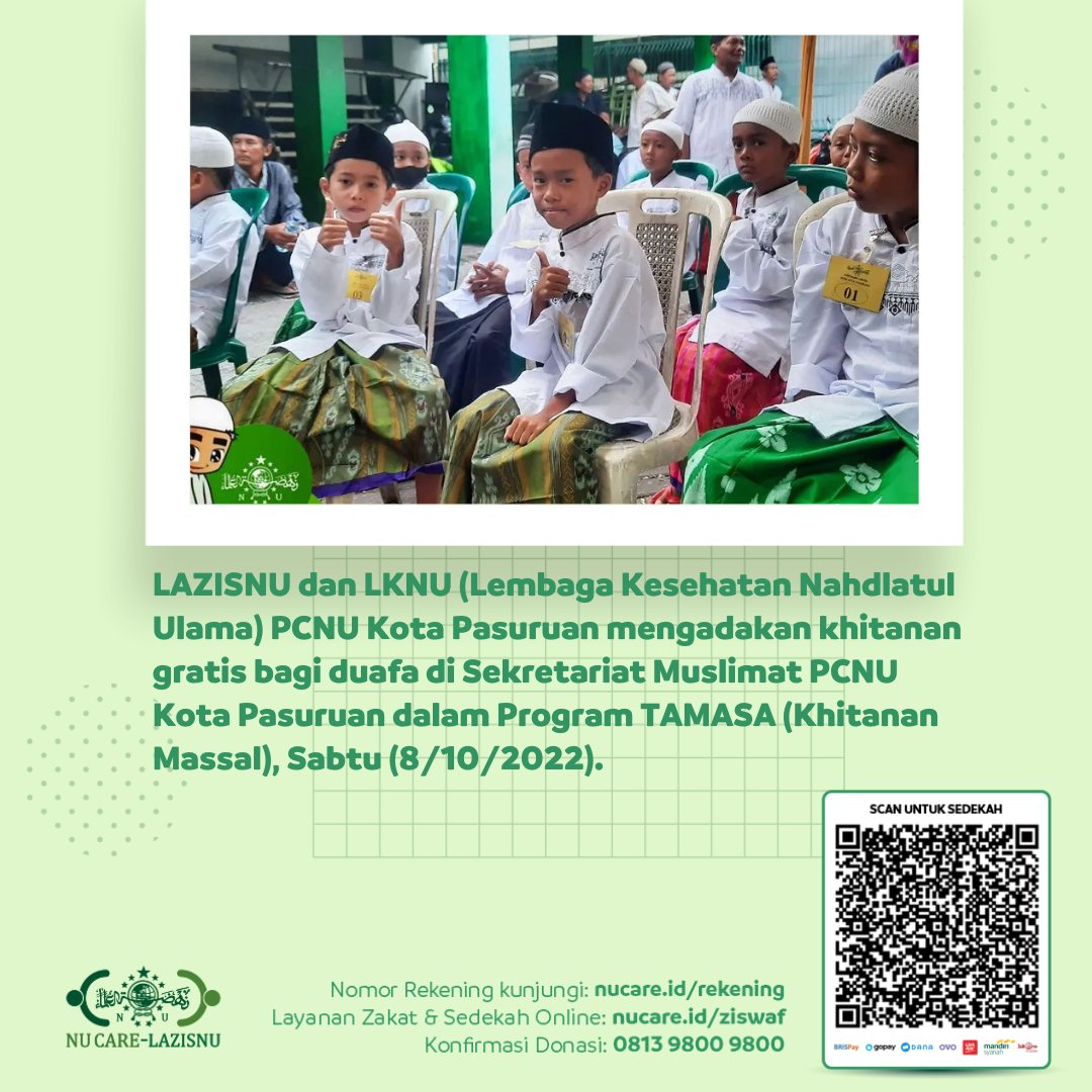 nucare_lazisnu's tweet photo. Semoga Program TAMASA ini dapat memudahkan umat muslim menjalankan ibadah dan bermanfaat bagi kesehatan. Aamiin.
Yuk, dukung program kemanusiaan lainnya bersama LAZISNU Kota Pasuruan, melalui:
BSI (451) 7106839993 Lazisnu Kota Pasuruan
#NUCare #LAZISNU #TAMASA #KhitananMassal https://t.co/ATfR6YZKGq