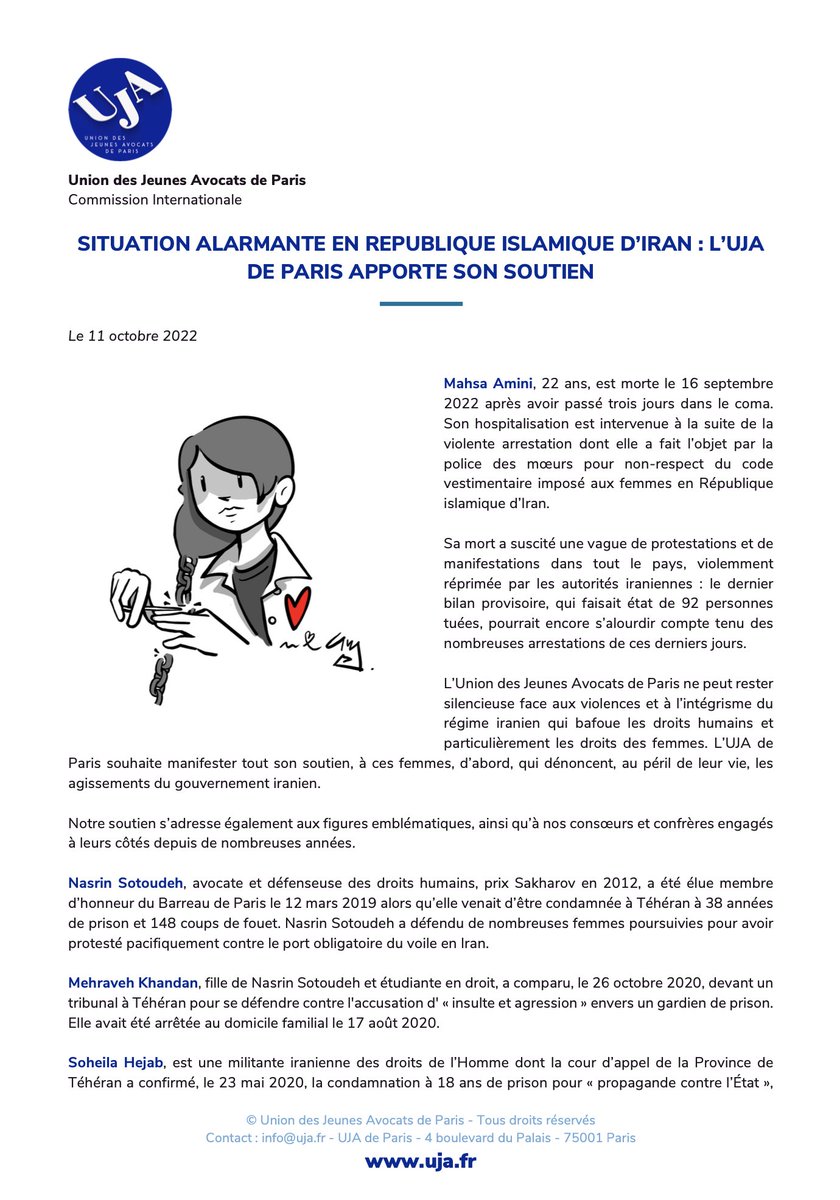 UJAdeParis's tweet photo. 🔴 L’UJA de Paris condamne les actions meurtrières du régime iranien, ses arrestations arbitraires et tous ses agissements privant les femmes de leur vie, de leur autonomie, de leurs droits et de leur liberté. https://t.co/6O54qdLv5k