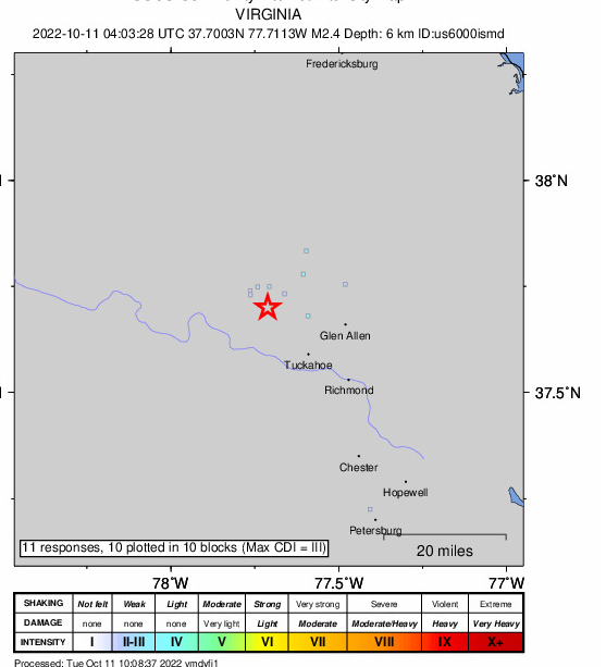 Did you feel it?

A small (2.4) earthquake hit just after midnight in Goochland just north of I-64 on Manakin Road. 

Quakes of this size typically DON'T cause damage but if you felt shaking at 12:03am, this could have been it!