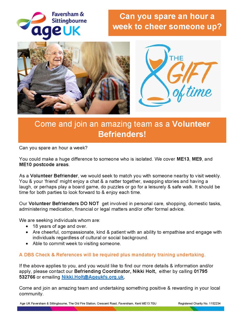 Volunteer Befrienders URGENTLY REQUIRED in Faversham &amp; Sittingbourne. 
Please contact our Befriending Coordinator for more details &amp; information!
#Faversham #Sittingbourne #Volunteer #Befriending #AgeUKFS