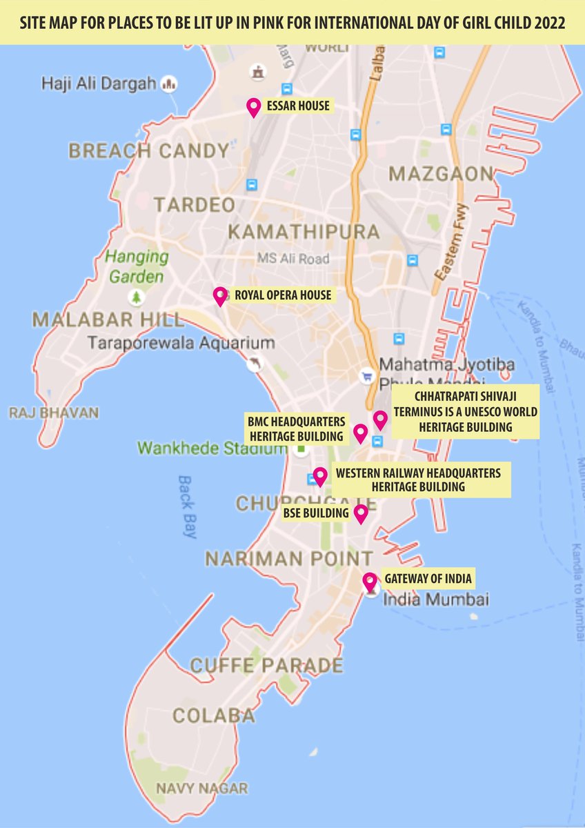 Don’t miss clicking photos 📸&amp; sharing them w. #DayOfTheGirl 
These iconic sites in #Mumbai will be lit up in pink, to commemorate #DayoftheGirl &amp; raise awareness on #GirlChildRights today!
A big thank you to our esteemed partners for joining in this initiative. 🇨🇦🇮🇳🤝
<a href="/PIBMumbai/">PIB in Maharashtra 🇮🇳</a>