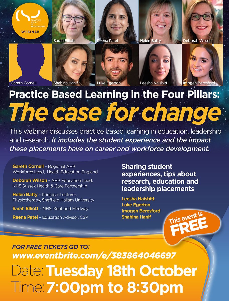 Join our webinar on 18 October 7:00 - 8:30 pm to discuss practice-based learning in the pillars of education, leadership and research. Register via ow.ly/aATl50KNM4K @GSCornell @hbattyphysio @sarahel46588425 @LeeshaPhysio @debs1_wilson