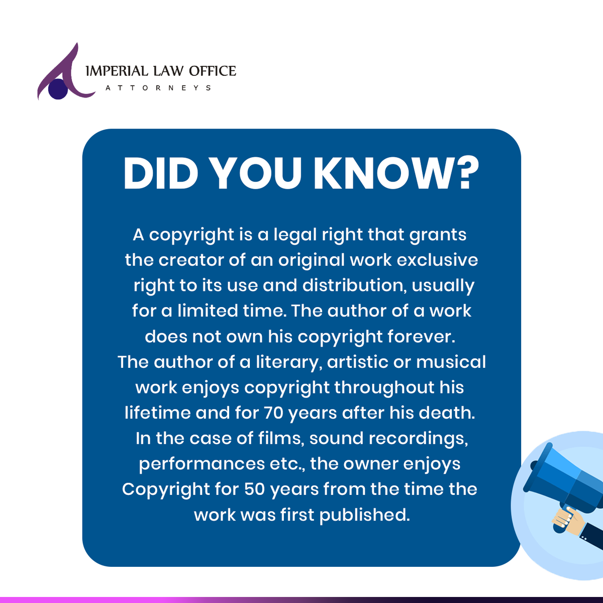 law_imperial's tweet photo. Did you Know?!!

#imperiallawoffice #legalattorney #copyright #intellectualproperty #didyouknow #author #legaladvice https://t.co/9UjrDrn3hj