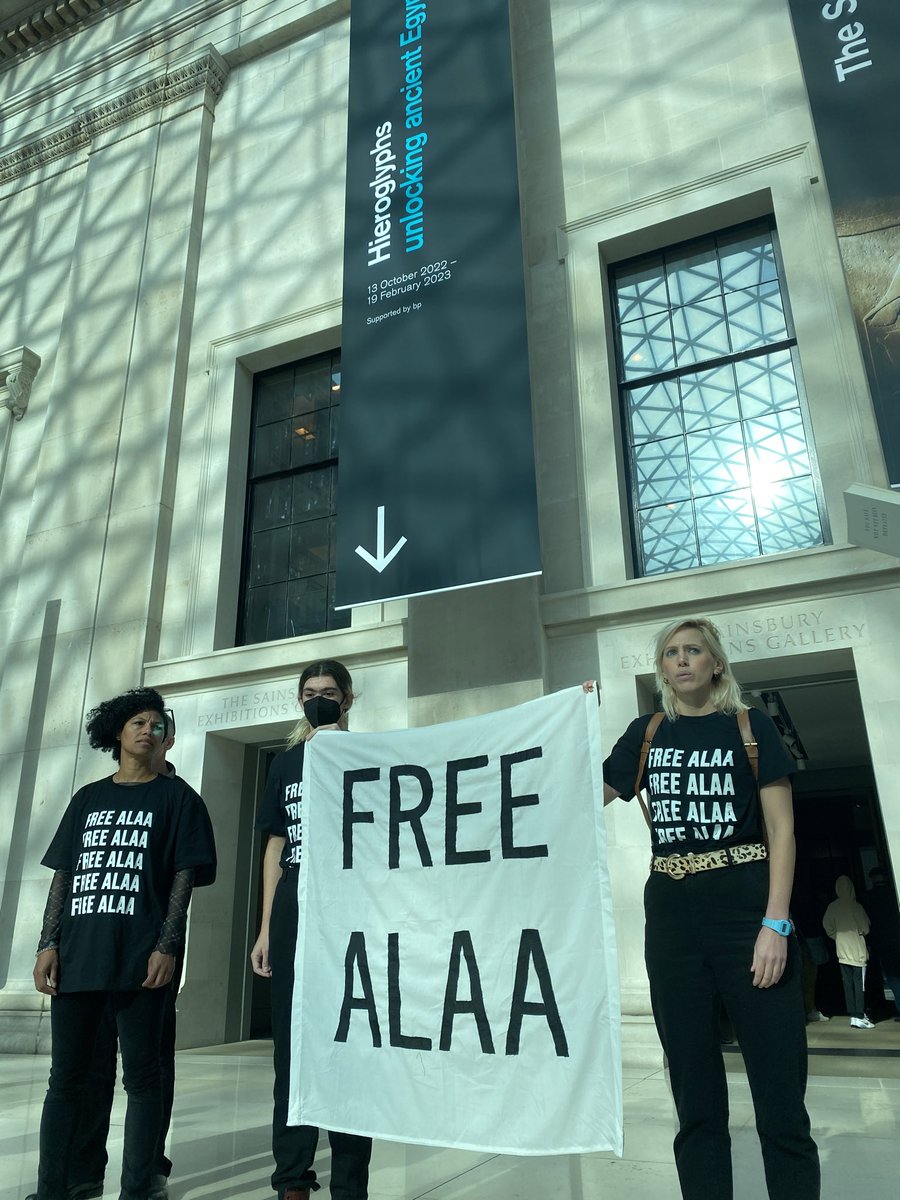 Supporters are reading from ‘You Have Not Yet Been Defeated’ by Alaa Abd el-Fattah - who has been on hunger strike for over 90 days and in prison in Egypt for most of the last decade - and are supporting the call to #FreeAlaa. #Hieroglyphs 2/4