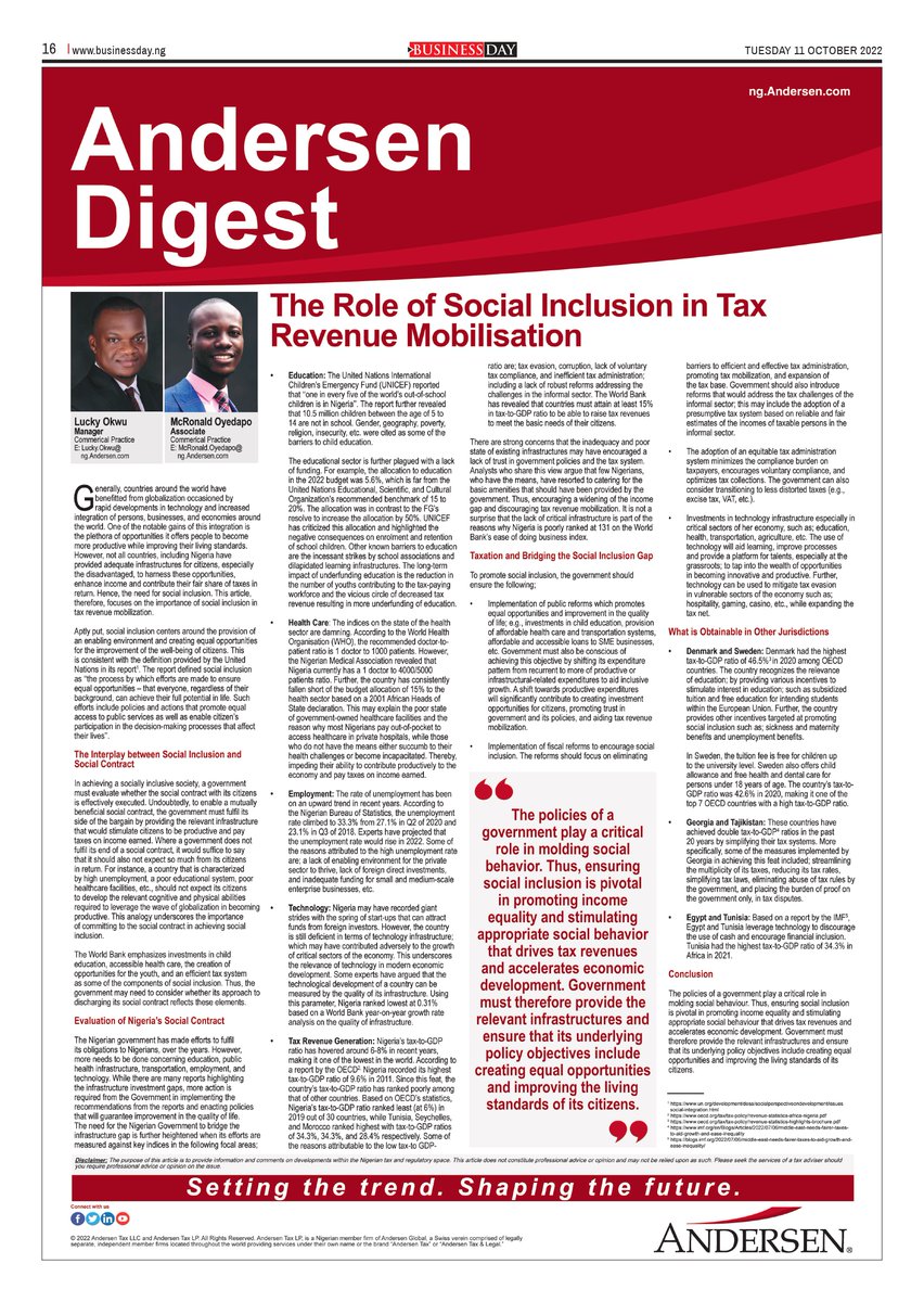 BusinessDayNg's tweet photo. The Role of Social Inclusion in Tax and Revenue Mobilisation
@AndersenNigeria
Read on page 16 of today's BusinessDay paper.
#revenue #economy #development #tax #andersentax #andersennigeria https://t.co/yme9CNpHvN